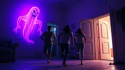 Three people are running away from a glowing purple ghost in a dimly lit room. The ghost is projected onto the wall and has a menacing grin. The people are running towards an open doorway with light spilling out.