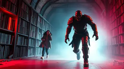 A young woman with dark hair runs down a dimly lit library aisle, pursued by a menacing, armored figure with glowing red eyes and a skeletal face. The scene is bathed in dramatic red and blue lighting, creating a suspenseful and eerie atmosphere.