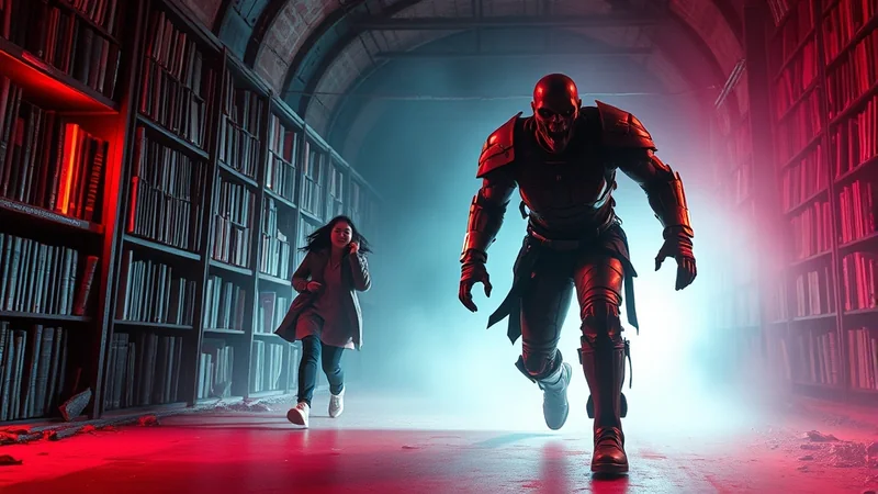 A young woman with dark hair runs down a dimly lit library aisle, pursued by a menacing, armored figure with glowing red eyes and a skeletal face. The scene is bathed in dramatic red and blue lighting, creating a suspenseful and eerie atmosphere.