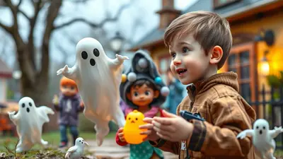 A young boy in a brown jacket smiles as he holds a toy gun and a yellow duck, surrounded by ghost decorations and other children in a yard decorated for Halloween.