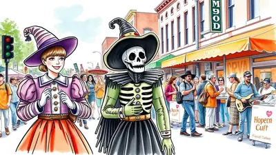 A woman in a purple witch costume and a skeleton in a green witch costume stand on a street during a Halloween festival. People are gathered around, some listening to a man playing a guitar. Buildings with awnings line the street, and a traffic light is visible.
