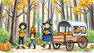 Two children in Halloween costumes, one dressed as a pumpkin and the other as a witch, stand next to a wagon filled with pumpkins in a forest setting with autumn leaves.