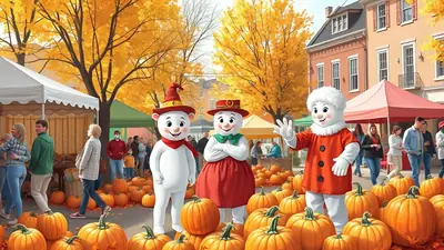 Three costumed characters, resembling snowmen, stand in a street market filled with pumpkins and autumn foliage. The characters are dressed in festive outfits, including hats and scarves, and appear to be interacting with a crowd of people browsing stalls in the background.