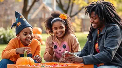 A Black family, likely two children and an adult, are sitting outdoors in front of a tray of colorful candies and pumpkins, smiling and engaged in an activity. The child on the left wears a witch hat with pumpkin designs, and the child in the middle has a flower in her hair and a shirt with a large heart design. The adult on the right wears a black jacket. The scene evokes a festive and happy Halloween atmosphere.