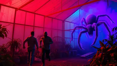Two men are running away from a giant, hairy spider inside a greenhouse illuminated by red and blue lights.
