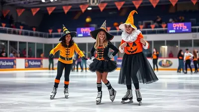 Three young women in Halloween costumes are ice skating on an indoor rink. The woman on the left wears a yellow and black witch costume, the middle woman wears a black witch costume with a tutu, and the woman on the right wears a pumpkin costume with a ruffled collar and a black tutu.