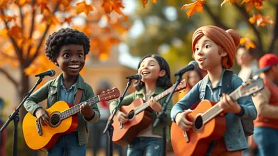 Three cartoon children, two girls and one boy, play acoustic guitars and sing into microphones outdoors in front of autumn foliage.