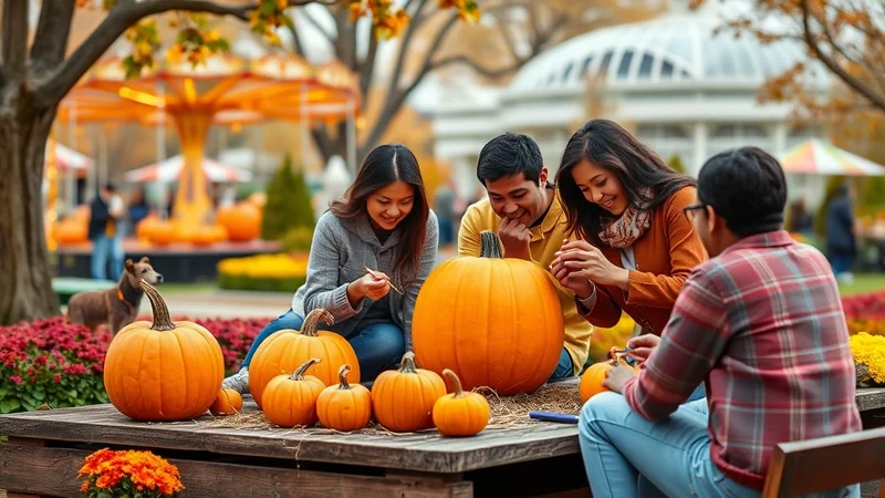 A group of four young adults are carving pumpkins at a table outdoors, surrounded by autumn decorations and a carousel in the background.