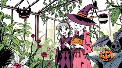 Two young girls in a greenhouse decorated for Halloween. The girl on the left wears a purple dress, and the girl on the right wears a witch's hat and a pink coat, holding a jack-o'-lantern. The greenhouse is filled with plants, and Halloween decorations like hanging jack-o'-lanterns and a bat skull are visible.