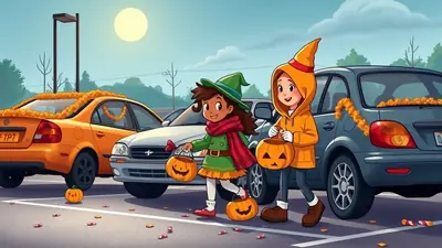 Two children in Halloween costumes, one dressed as a witch and the other in an orange hooded outfit, walk through a parking lot carrying jack-o'-lanterns. The cars around them are decorated with orange garland, and the ground is scattered with candy wrappers and small pumpkins.