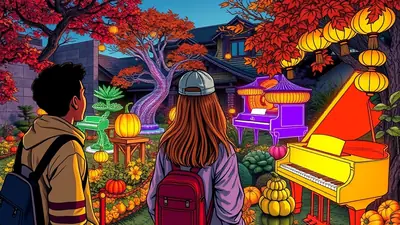 Two people, seen from behind, stand in a vibrant, surreal garden filled with pumpkins and colorful, glowing musical instruments. A large, brightly lit yellow grand piano and a purple upright piano are prominent, set against a backdrop of a house with autumn foliage and hanging lanterns, creating a whimsical and festive Halloween atmosphere.