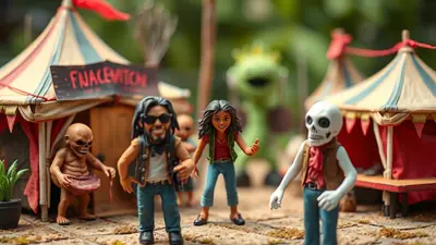 A group of Halloween-themed figurines are gathered in a miniature circus setting. In the foreground, a skeleton figure stands to the right, a man with sunglasses and a beard is in the center, and a young girl is to his left. To the far left, a small, monstrous creature stands near a tent with a sign that reads "FNACEVITICH". In the background, a blurry green character resembling Kermit the Frog is visible.