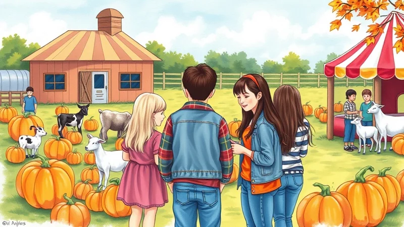 A group of children and goats are gathered in a pumpkin patch with a barn and a festive tent in the background, evoking a cheerful autumn farm scene.
