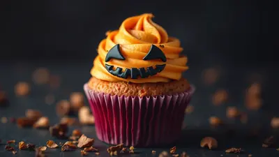 A Halloween cupcake with orange frosting decorated to look like a jack-o-lantern face, set against a dark, blurred background with scattered crumbs.