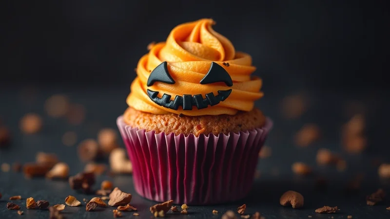 A Halloween cupcake with orange frosting decorated to look like a jack-o-lantern face, set against a dark, blurred background with scattered crumbs.