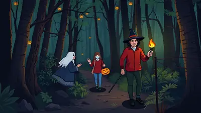 Three people in a dark, spooky forest at night, decorated with jack-o'-lanterns. One person in a witch hat holds a torch, another is dressed as a ghost, and a third person wears a mask and carries a pumpkin bucket.