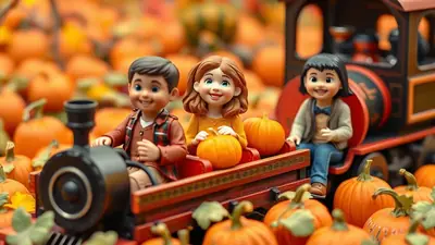Three cartoon children figurines ride in a toy train car filled with pumpkins, set against a backdrop of many more pumpkins and autumn leaves.