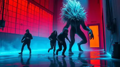 Three people in hoodies are running away from a large, hairy monster with a spiky head in a dimly lit room with red and blue lighting.