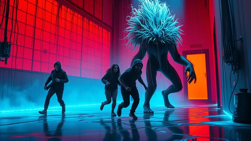 Three people in hoodies are running away from a large, hairy monster with a spiky head in a dimly lit room with red and blue lighting.