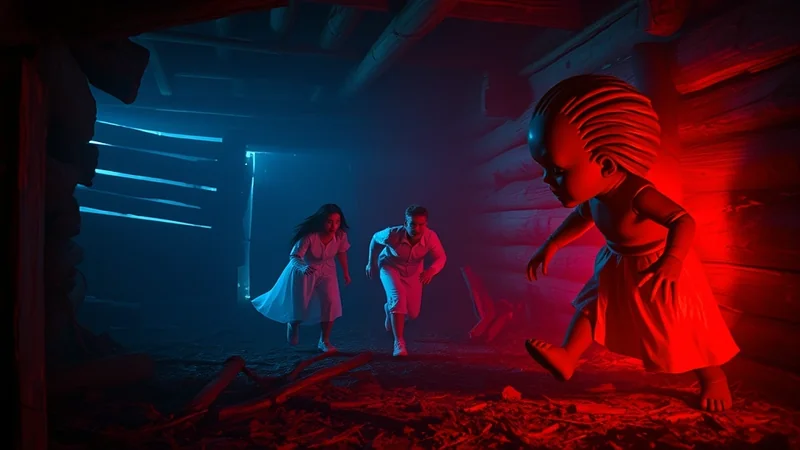 A giant, creepy doll with a bald head and red lighting chases two people in white outfits through a dimly lit, rustic wooden structure.