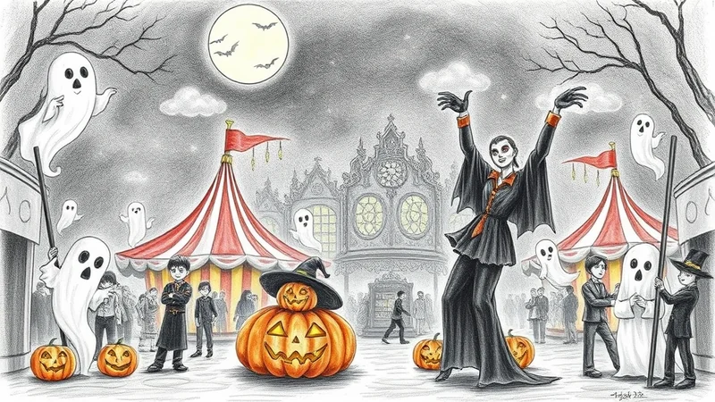 A whimsical Halloween scene depicts a circus-like setting at night with a full moon and bats in the sky. A vampire character stands center stage with arms outstretched, while children dressed as ghosts and in formal wear interact with the spooky decorations, including jack-o'-lanterns and a large pumpkin with a witch hat.