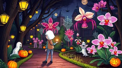 A young person with white hair stands on a path in a spooky Halloween garden, holding a glowing orb. The garden is decorated with glowing lanterns, pumpkins, and large, stylized pink flowers that resemble orchids and spiders, with a haunted-looking building in the background.
