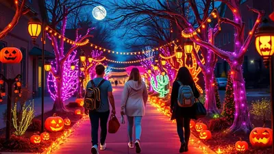 Three people walk down a street decorated for Halloween with colorful lights, jack-o-lanterns, and spooky decorations under a full moon.