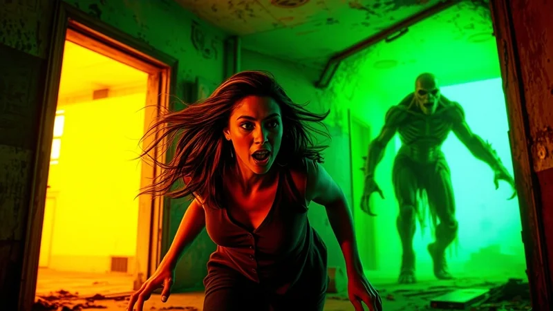 A terrified woman with her mouth open in a scream runs down a hallway, pursued by a monstrous, green-skinned creature with sharp claws.