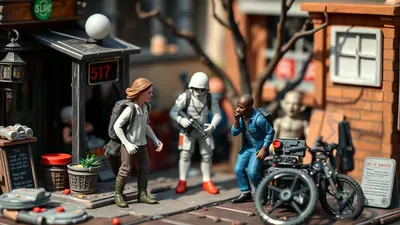 A miniature diorama depicts a street scene with three figures: a woman with a backpack, a stormtrooper-like figure holding a rifle, and a man in a blue jacket. A bicycle with a camera attachment is parked nearby, and a building with the number 517 is visible.