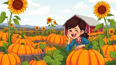 A cartoon girl with brown hair and a blue overalls winks while leaning on a large pumpkin in a pumpkin patch. Sunflowers and a red barn are in the background under a cloudy sky.