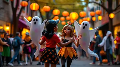 Two young girls dressed in Halloween costumes, one with a black baseball cap and red shirt, the other with a blonde wig and a black and orange dress, hold up inflatable ghost decorations. They are standing on a street decorated with orange lanterns, with blurred figures of people in the background.