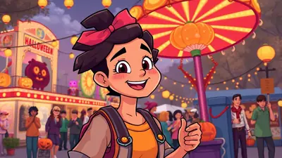 A young girl with a red bow in her hair gives a thumbs up at a lively Halloween carnival. She is in the foreground, with a festive atmosphere of carnival rides, game booths, and other people enjoying the evening behind her.
