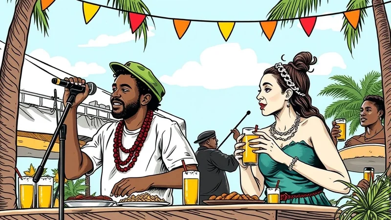 A man with a green cap and red beaded necklace sings into a microphone at an outdoor event, while a woman in a green dress drinks from a glass and another man is visible in the background.