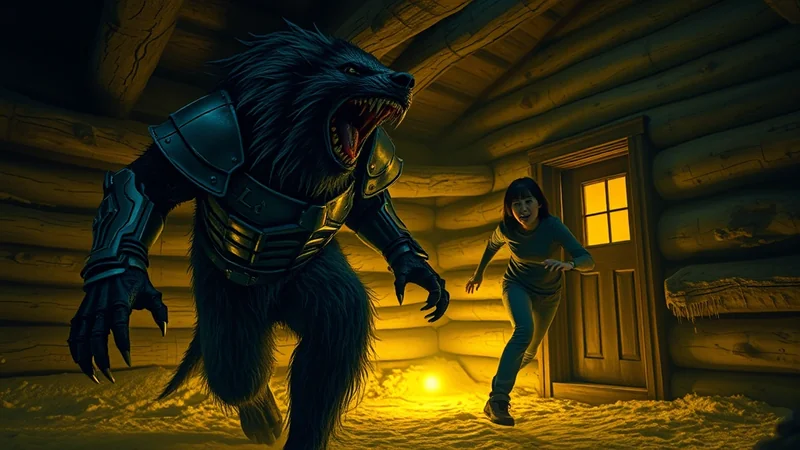 A terrifying werewolf in armor lunges towards a frightened young woman who is running away inside a rustic log cabin.