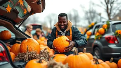 A smiling Black man wearing an apron holds a large pumpkin at a pumpkin patch. The trunk of a car is open and filled with pumpkins, and other cars decorated with pumpkins and fall foliage are visible in the background.