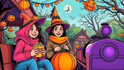 Two young girls dressed as witches, holding a bucket of popcorn and a pumpkin, sit on a train with a Halloween-themed background featuring jack-o-lanterns and a full moon.