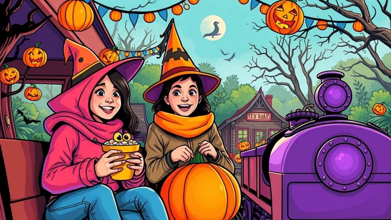 Two young girls dressed as witches, holding a bucket of popcorn and a pumpkin, sit on a train with a Halloween-themed background featuring jack-o-lanterns and a full moon.