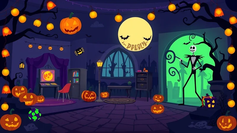 A Halloween-themed illustration featuring Jack Skellington standing in a room decorated with pumpkins, string lights, and a large moon in the background. The scene has a spooky yet whimsical atmosphere.