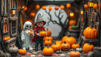 Two children in Halloween costumes stand among pumpkins and jack-o'-lanterns in a dimly lit, spooky setting. One child is dressed as a skeleton and holds a cookie, while the other, wearing a witch hat, holds a small pumpkin.