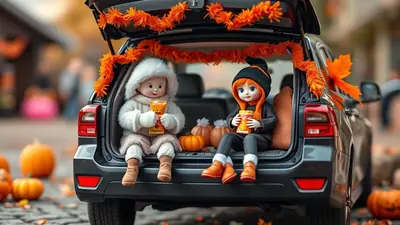 Two dolls dressed in winter clothing sit in the open trunk of a car decorated for Halloween with orange garland and pumpkins. Both dolls hold cups of orange liquid.