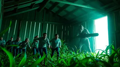 A group of people are running away from a monstrous figure holding a chainsaw inside a dimly lit barn with tall green plants in the foreground.