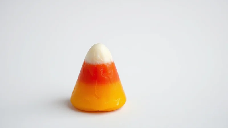 A single candy corn candy with white, orange, and yellow stripes sits on a plain white background.