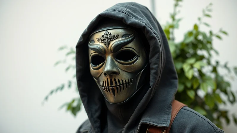 A person wearing a dark grey hooded jacket and a metallic, skull-like mask with intricate designs and empty eye sockets stands against a blurred background of green foliage and a white wall.