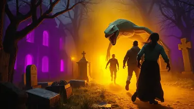 A terrifying green dinosaur looms over three people running through a foggy graveyard at night. A spooky building with purple lights emanates from its windows in the background.