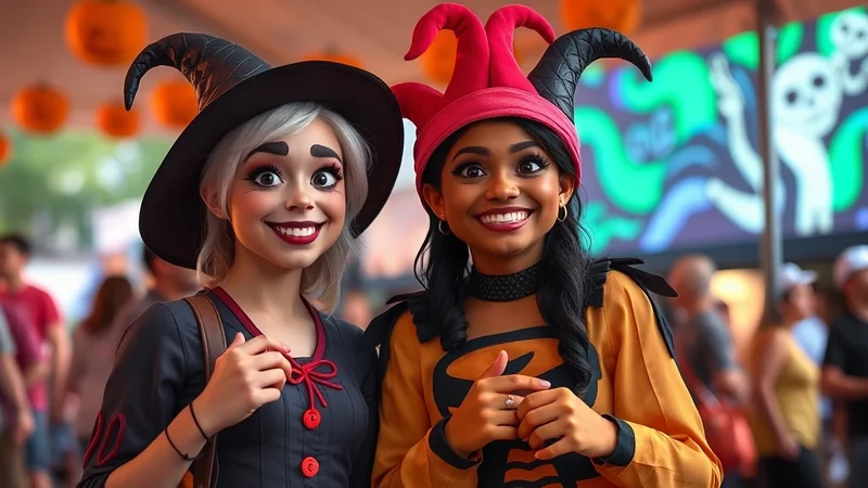 Two young women in Halloween costumes smile at the camera, with one dressed as a witch and the other in a jester-like outfit, against a blurred background of pumpkins and a spooky mural.