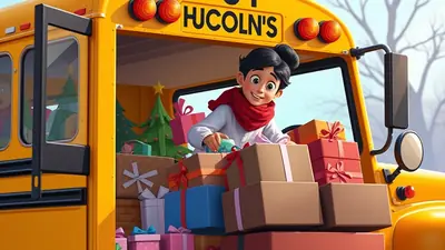 A young girl with a red scarf is loading presents and a Christmas tree into the back of a yellow school bus, suggesting a holiday delivery or event.