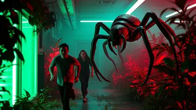 A man and a woman are running away from a giant spider in a dimly lit hallway with red and green lighting.