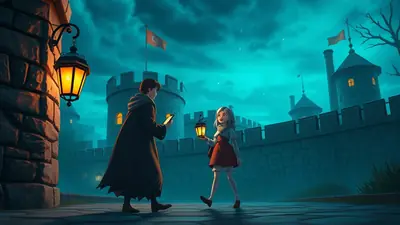 Two children, a boy and a girl, stand on a cobblestone path in front of a castle at night. The boy, wearing a dark robe, holds a glowing phone, while the girl, in a red dress, carries a lantern. The sky is a deep teal, with a crescent moon and stars visible.