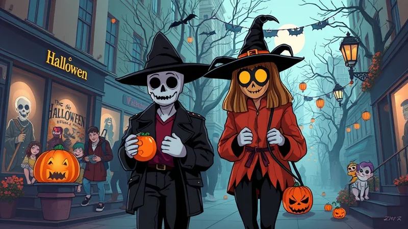Two figures in Halloween costumes, one a skeleton and the other a pumpkin-headed person, walk down a street decorated with Halloween lights and pumpkins, with a shop window displaying Halloween merchandise in the background.