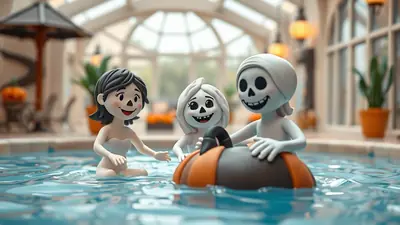 Three cartoon characters, two skeletons and one girl, are playing in a swimming pool with a pumpkin-shaped float.